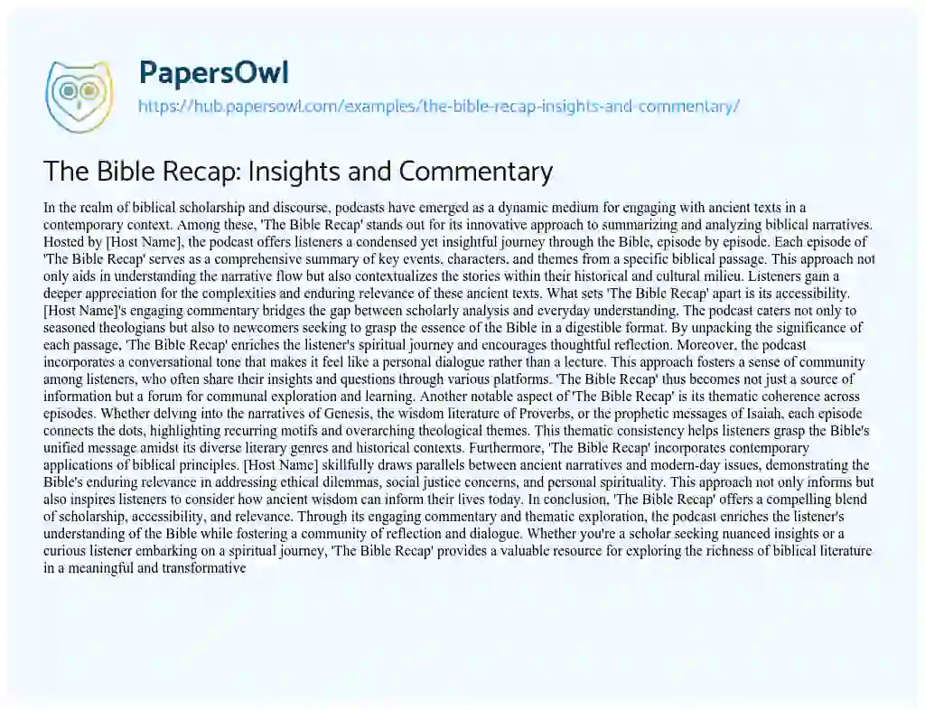 Essay on The Bible Recap: Insights and Commentary