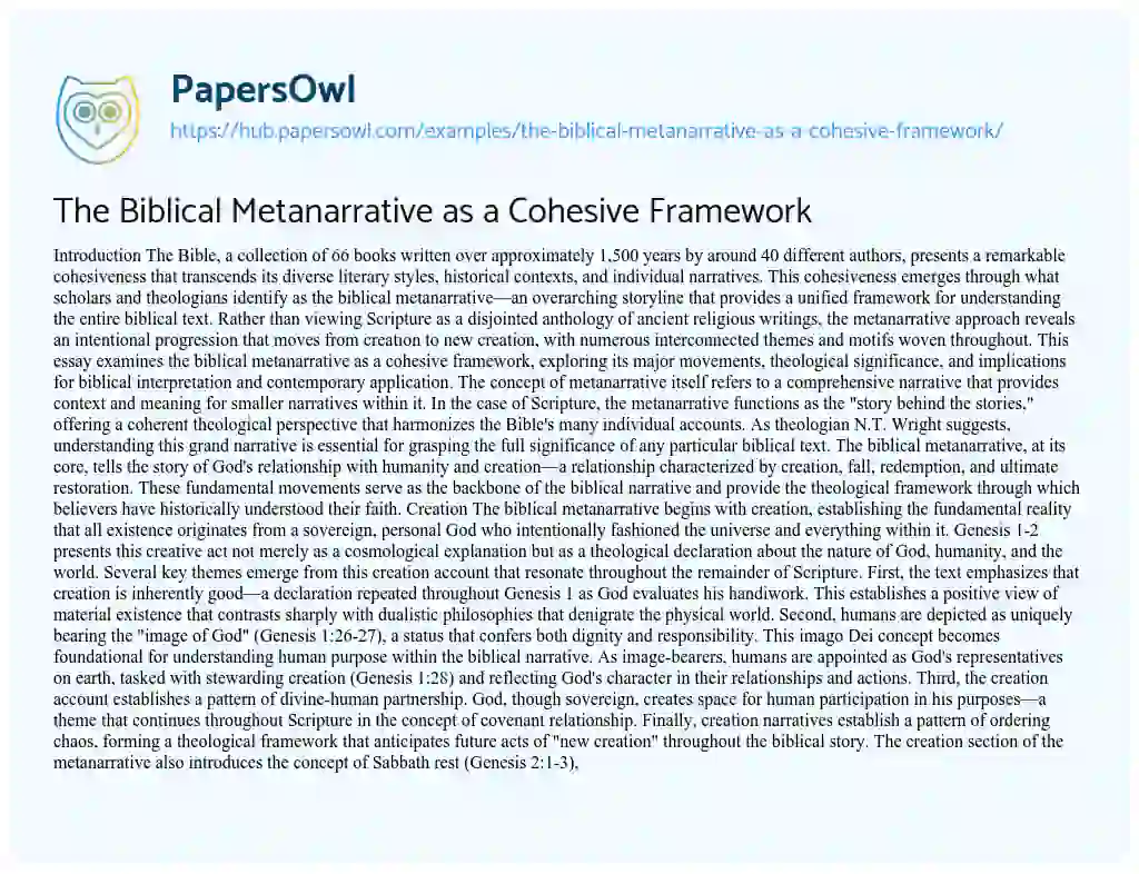 Essay on The Biblical Metanarrative as a Cohesive Framework