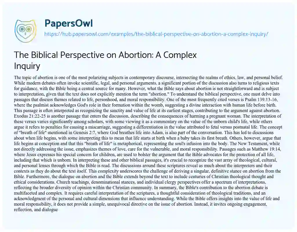 Essay on The Biblical Perspective on Abortion: A Complex Inquiry