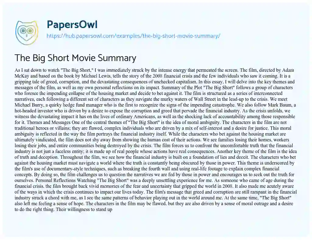 Essay on The Big Short Movie Summary