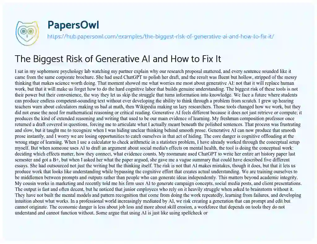 Essay on The Biggest Risk of Generative AI and How to Fix It