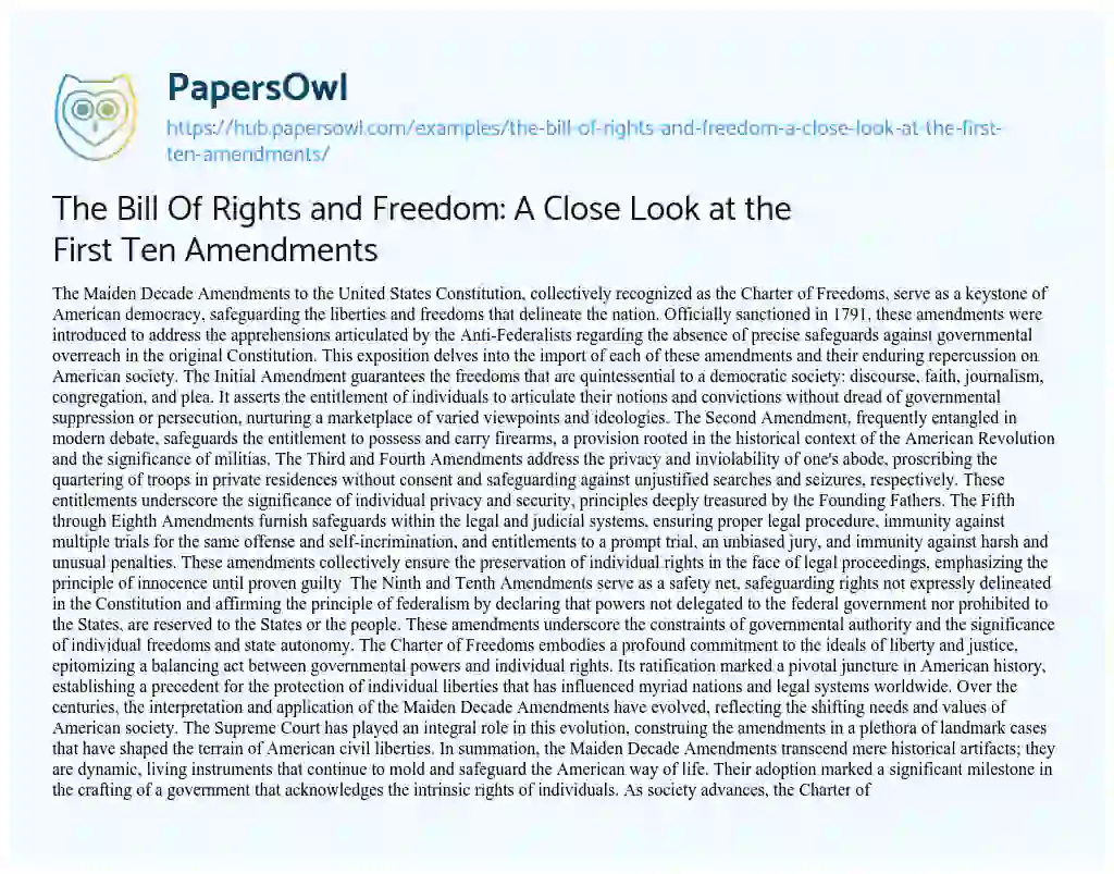 Essay on The Bill Of Rights and Freedom: A Close Look at the First Ten Amendments