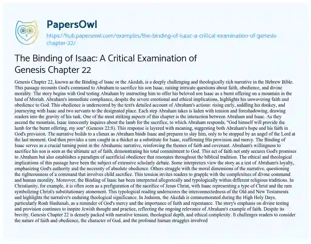 Essay on The Binding of Isaac: A Critical Examination of Genesis Chapter 22
