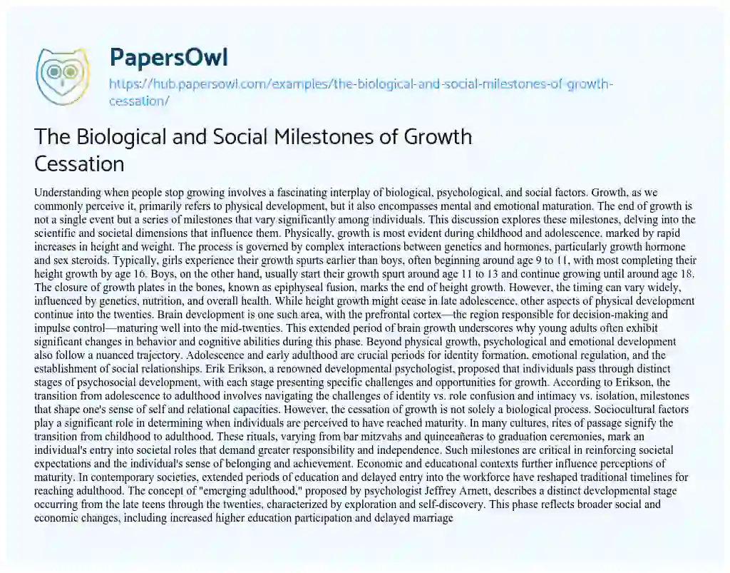Essay on The Biological and Social Milestones of Growth Cessation