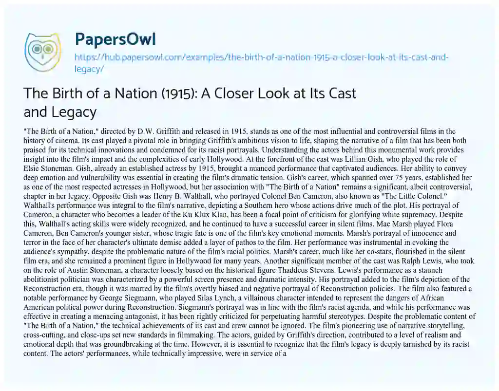 Essay on The Birth of a Nation (1915): A Closer Look at Its Cast and Legacy