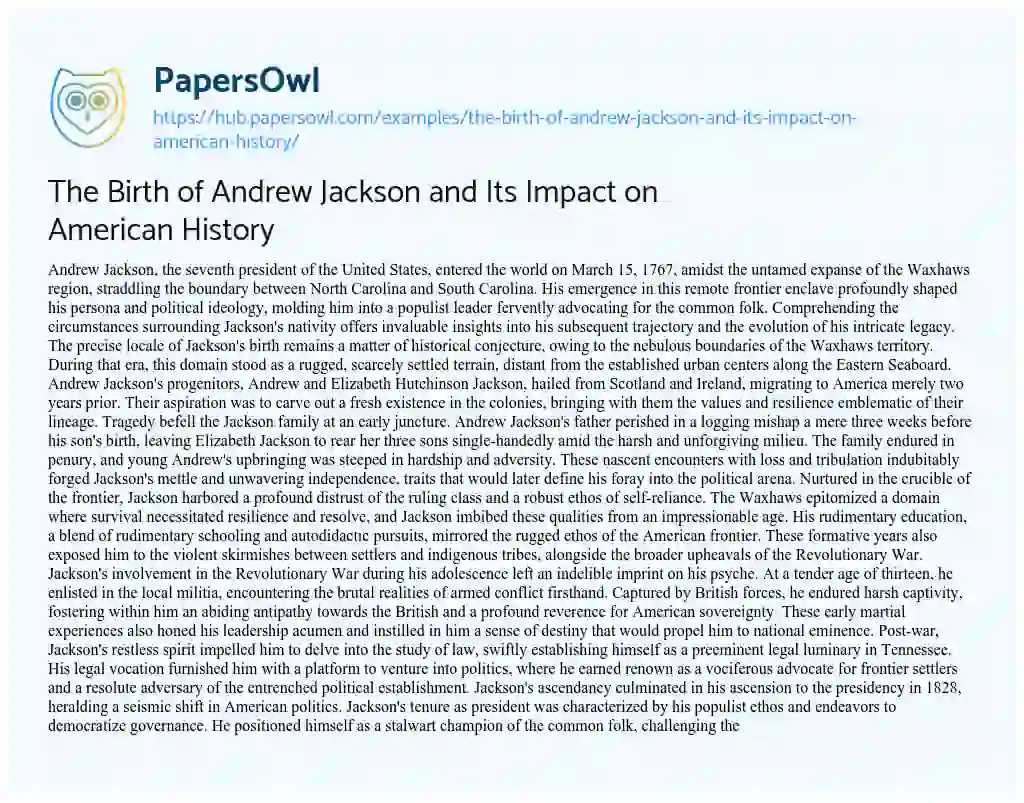 Essay on The Birth of Andrew Jackson and Its Impact on American History