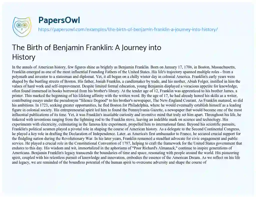 Essay on The Birth of Benjamin Franklin: A Journey into History