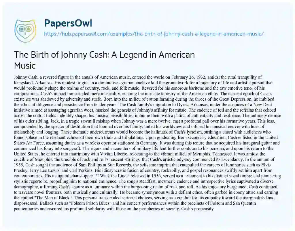 Essay on The Birth of Johnny Cash: A Legend in American Music