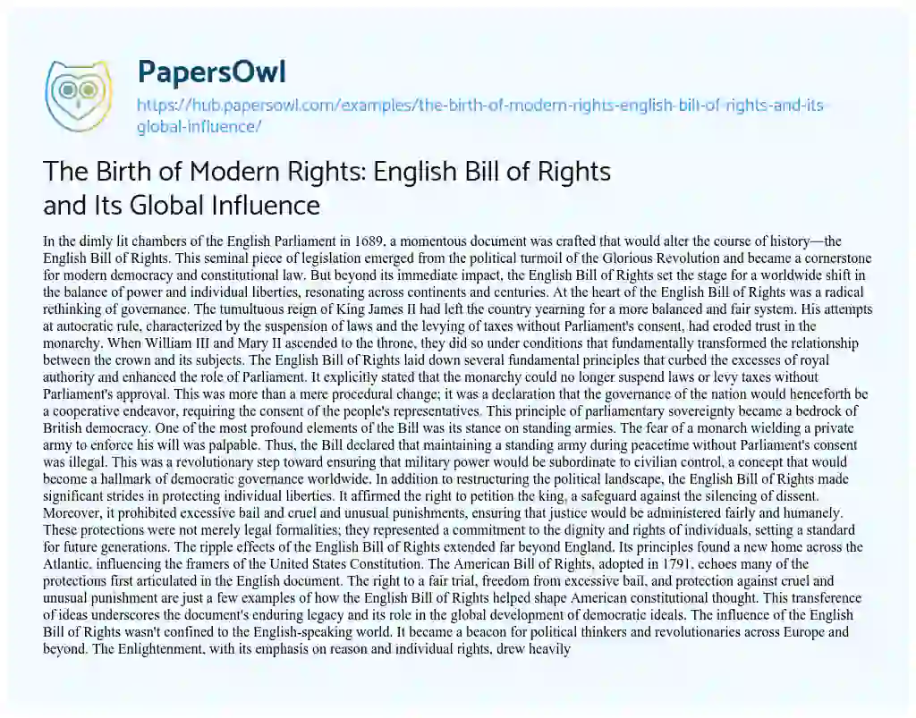 Essay on The Birth of Modern Rights: English Bill of Rights and Its Global Influence