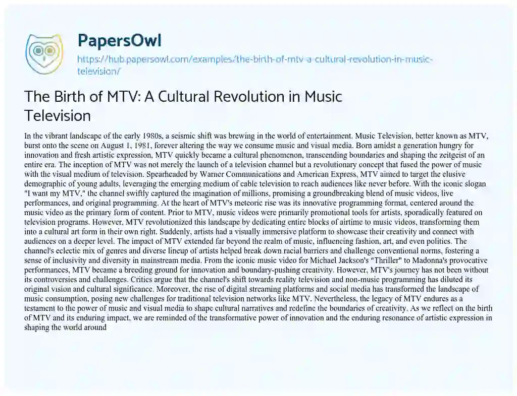Essay on The Birth of MTV: A Cultural Revolution in Music Television