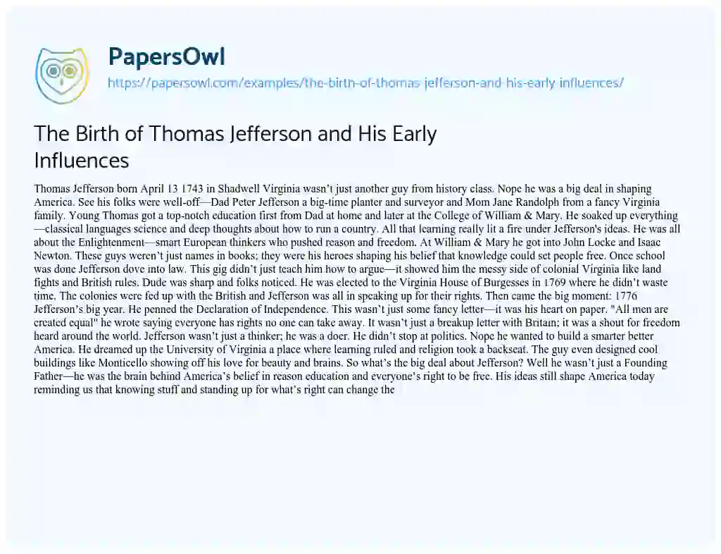 Essay on The Birth of Thomas Jefferson and His Early Influences