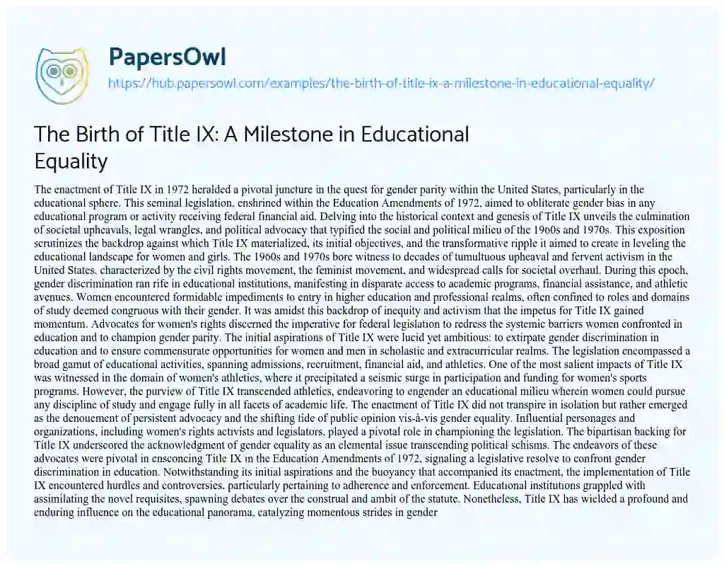 Essay on The Birth of Title IX: A Milestone in Educational Equality