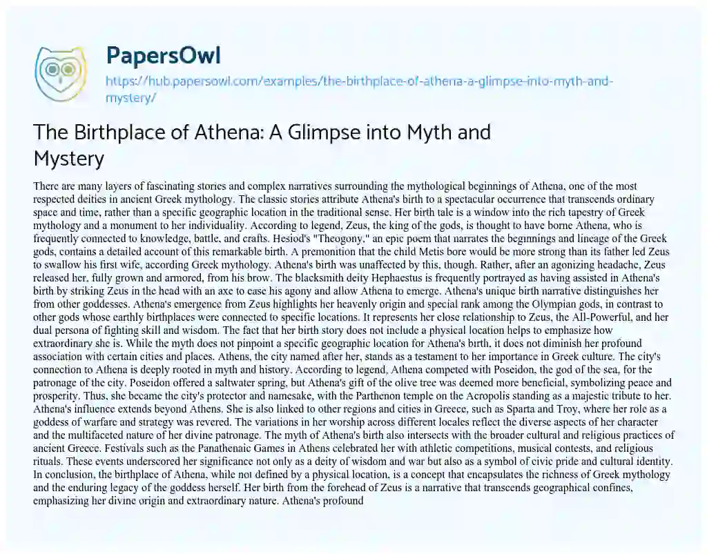 Essay on The Birthplace of Athena: A Glimpse into Myth and Mystery