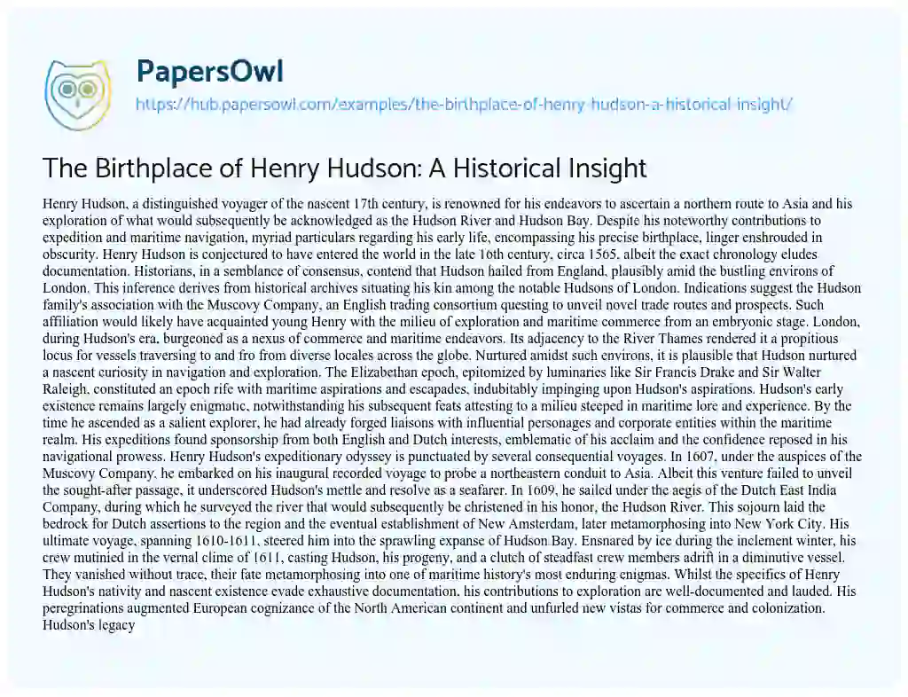 Essay on The Birthplace of Henry Hudson: A Historical Insight