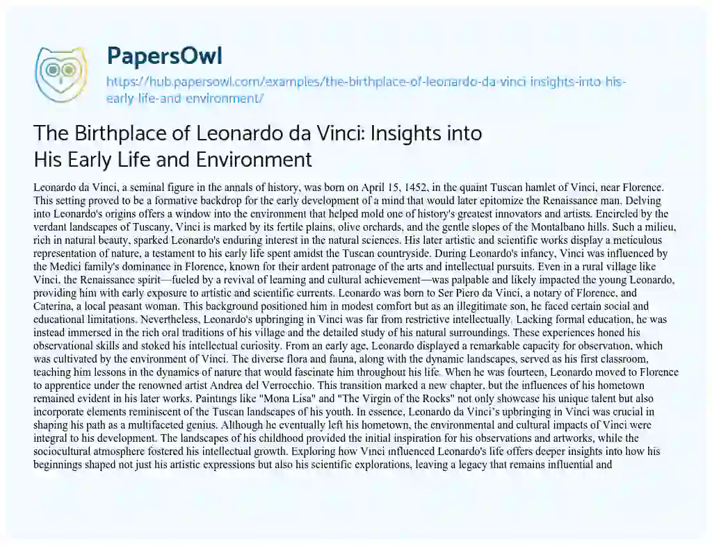 Essay on The Birthplace of Leonardo da Vinci: Insights into His Early Life and Environment