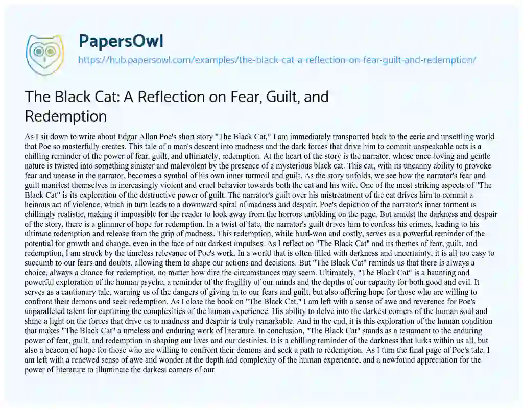 Essay on The Black Cat: A Reflection on Fear, Guilt, and Redemption