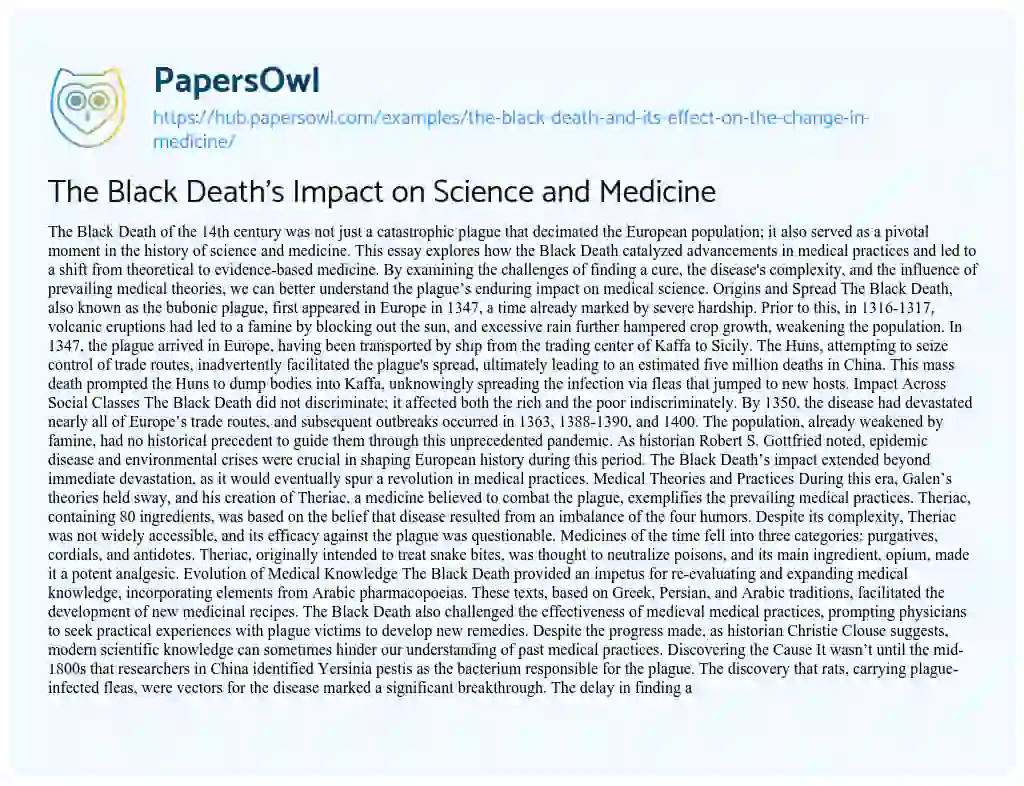 Essay on The Black Death’s Impact on Science and Medicine