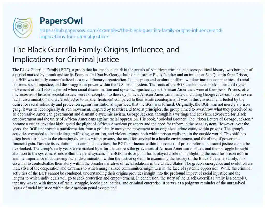 Essay on The Black Guerrilla Family: Origins, Influence, and Implications for Criminal Justice