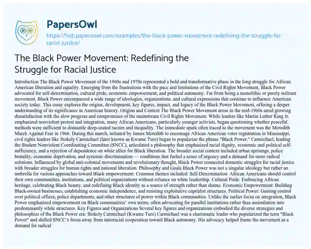 Essay on The Black Power Movement: Redefining the Struggle for Racial Justice