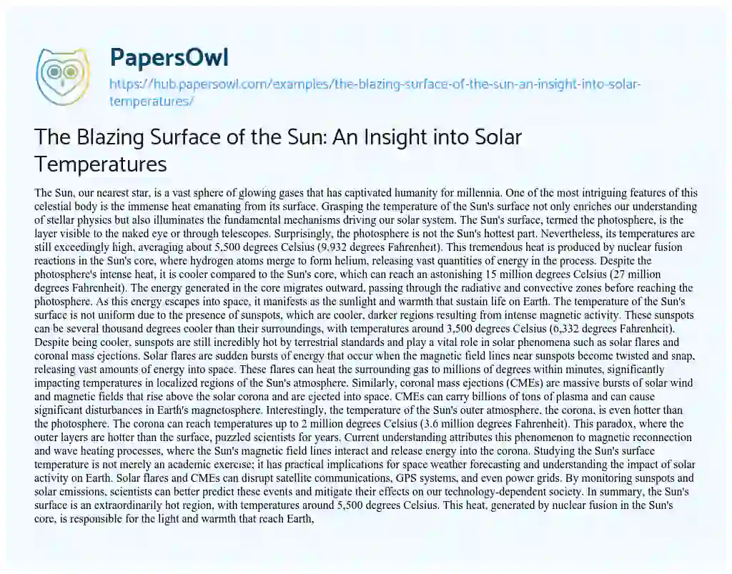 Essay on The Blazing Surface of the Sun: An Insight into Solar Temperatures