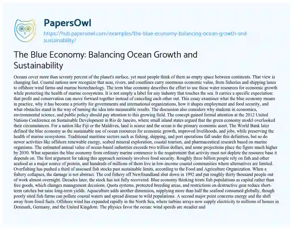 Essay on The Blue Economy: Balancing Ocean Growth and Sustainability