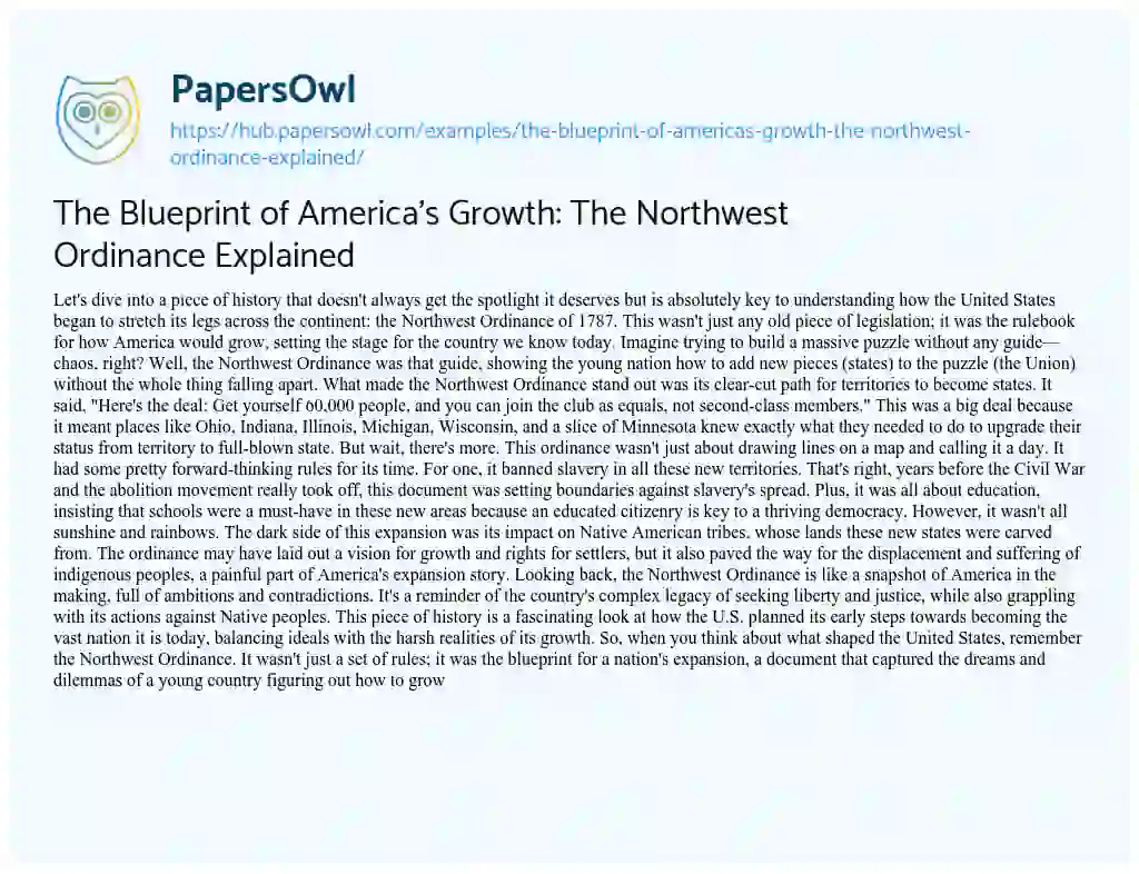 Essay on The Blueprint of America’s Growth: The Northwest Ordinance Explained