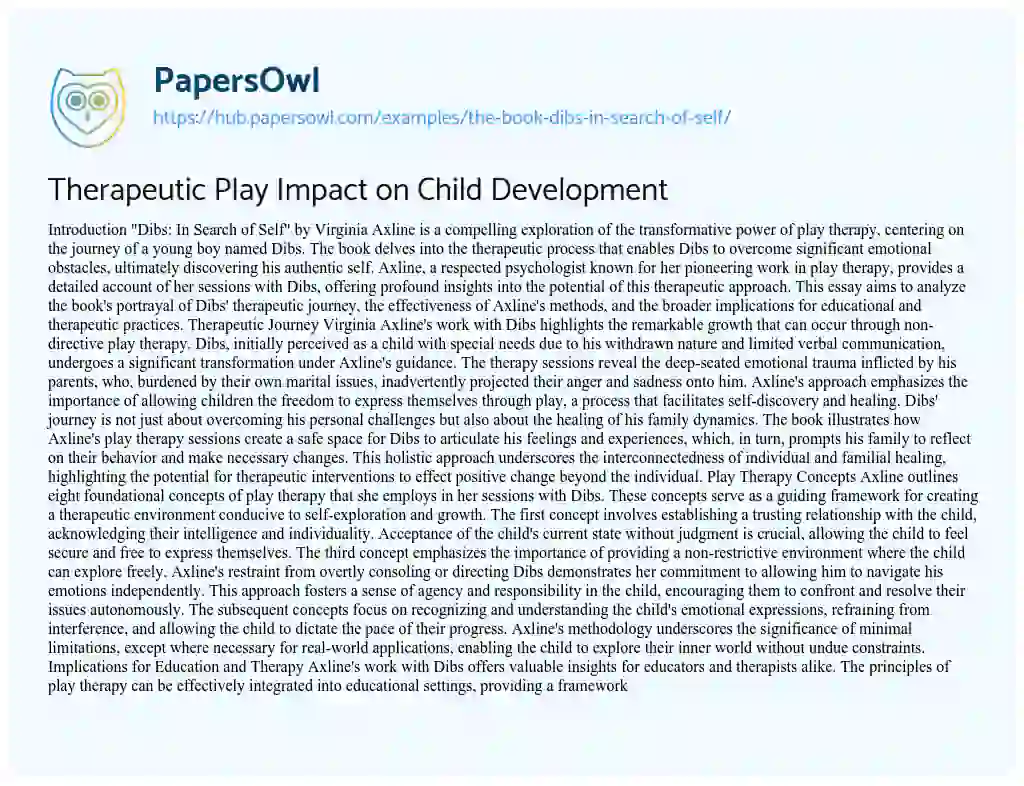 Essay on Therapeutic Play Impact on Child Development