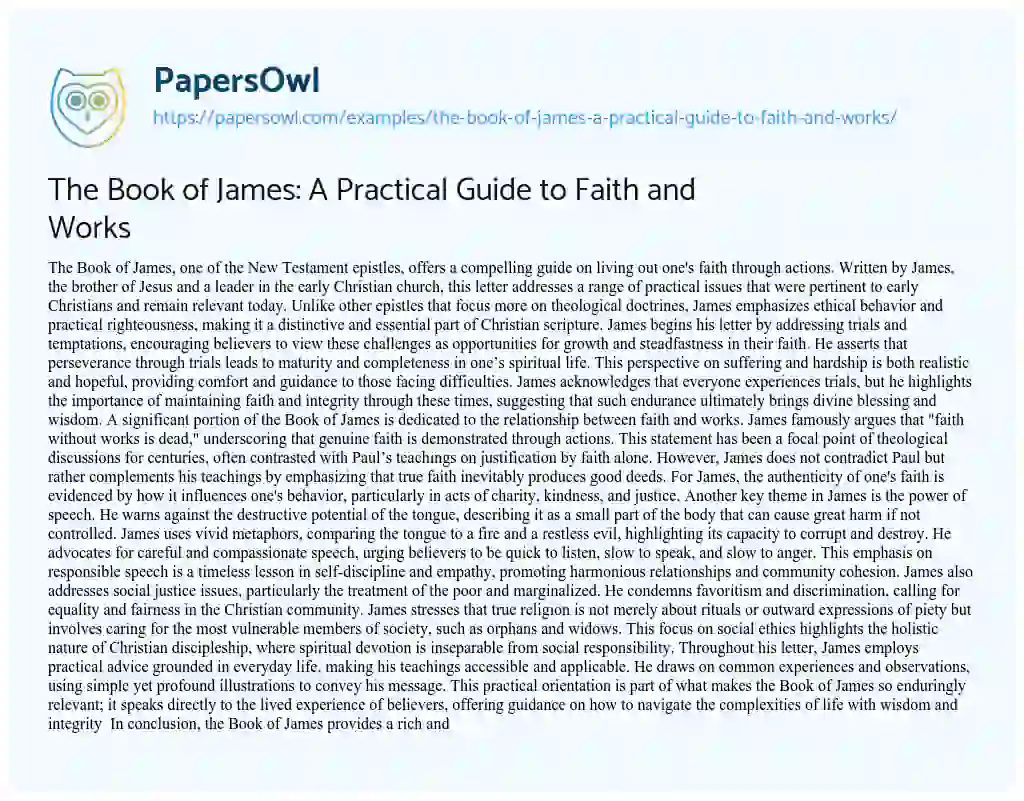 Essay on The Book of James: A Practical Guide to Faith and Works