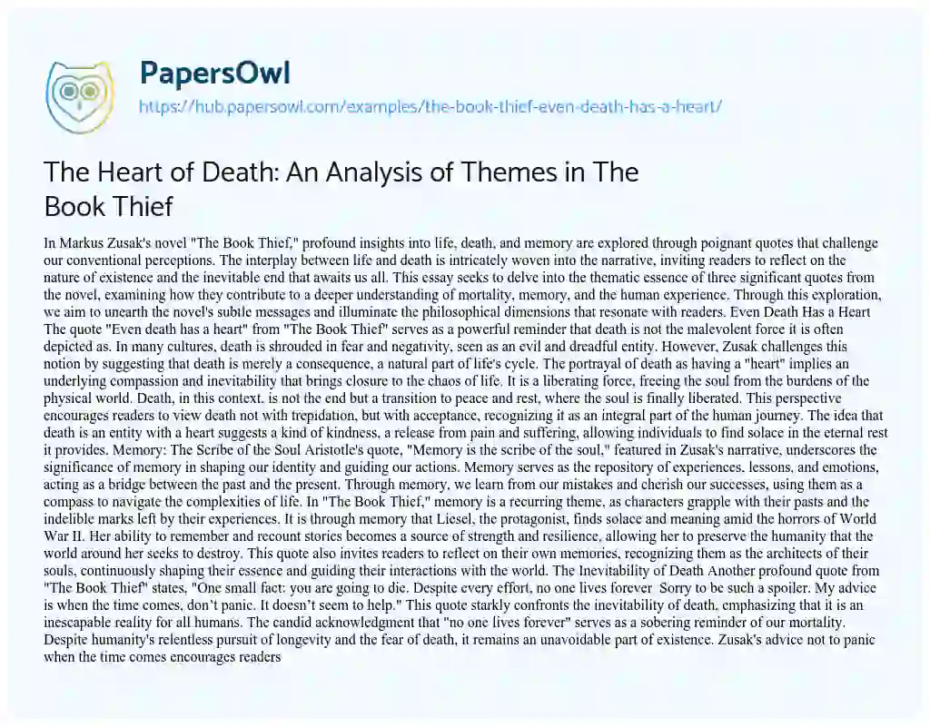 Essay on The Heart of Death: An Analysis of Themes in The Book Thief