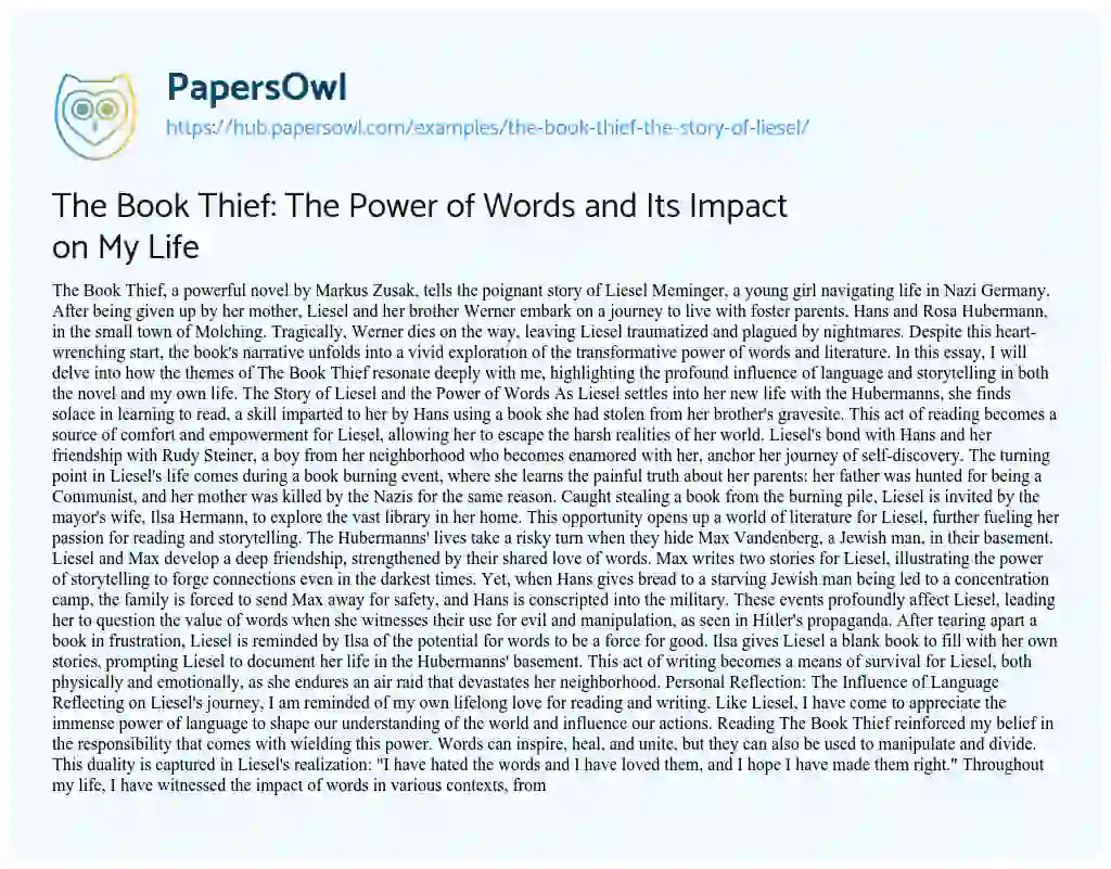 Essay on The Book Thief: The Power of Words and Its Impact on My Life