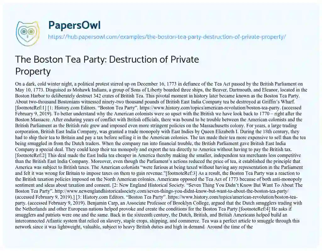 Essay on The Boston Tea Party: Destruction of Private Property