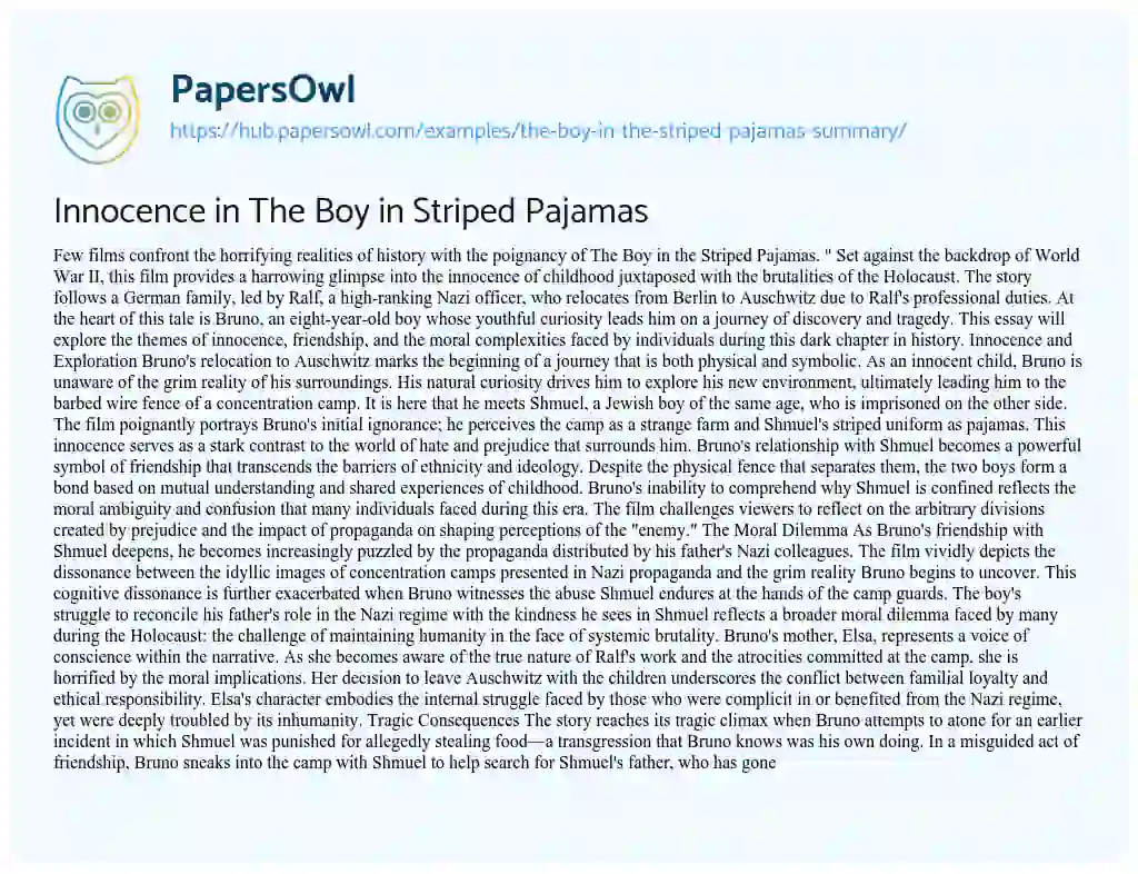 Essay on Innocence in The Boy in Striped Pajamas