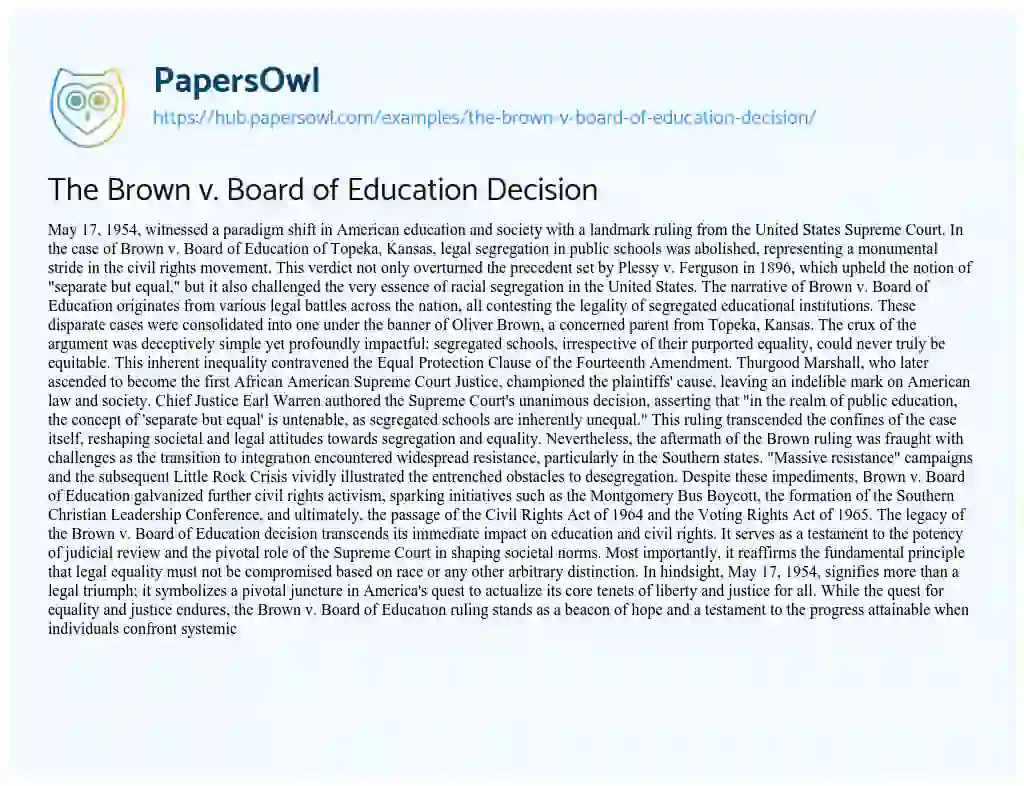 Essay on The Brown v. Board of Education Decision