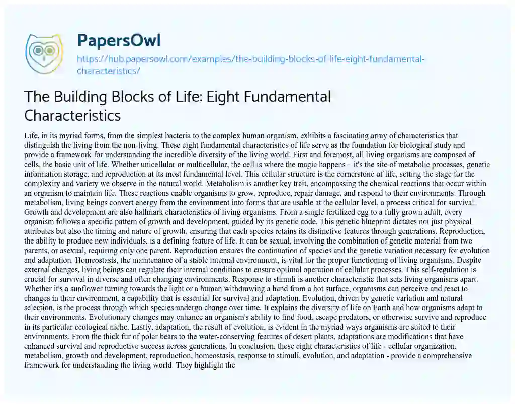 Essay on The Building Blocks of Life: Eight Fundamental Characteristics