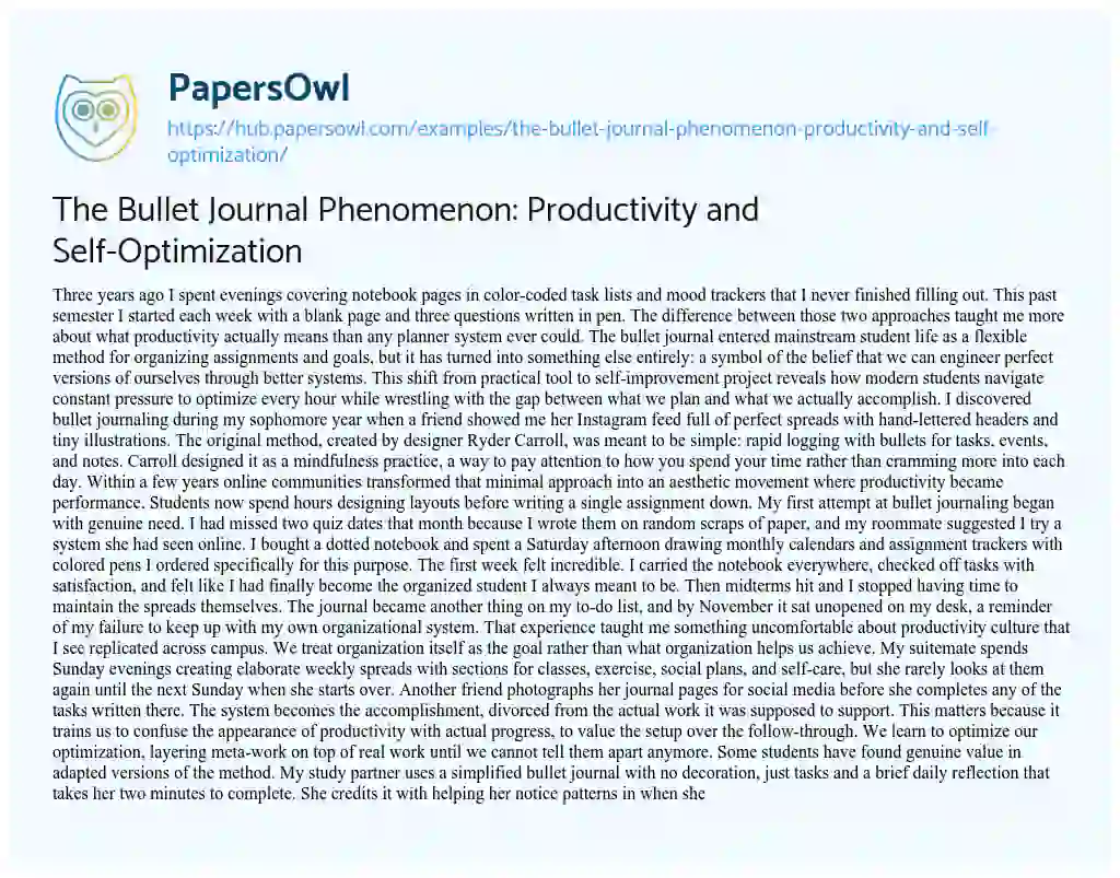 Essay on The Bullet Journal Phenomenon: Productivity and Self-Optimization