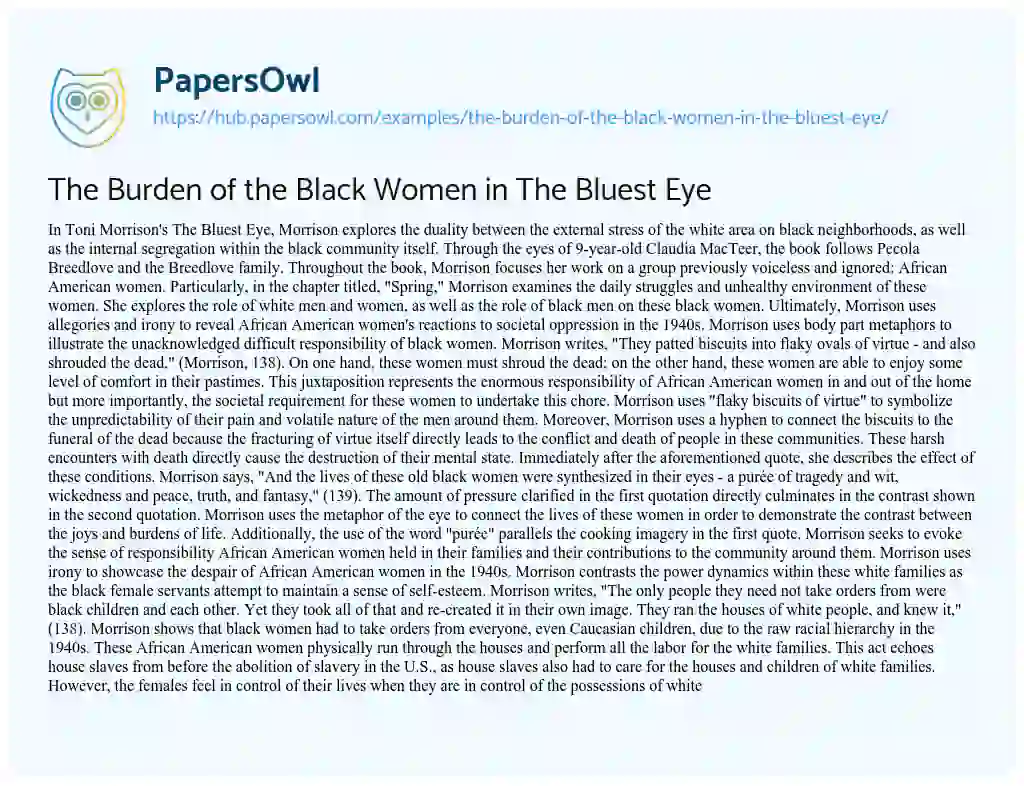 Essay on The Burden of the Black Women in The Bluest Eye