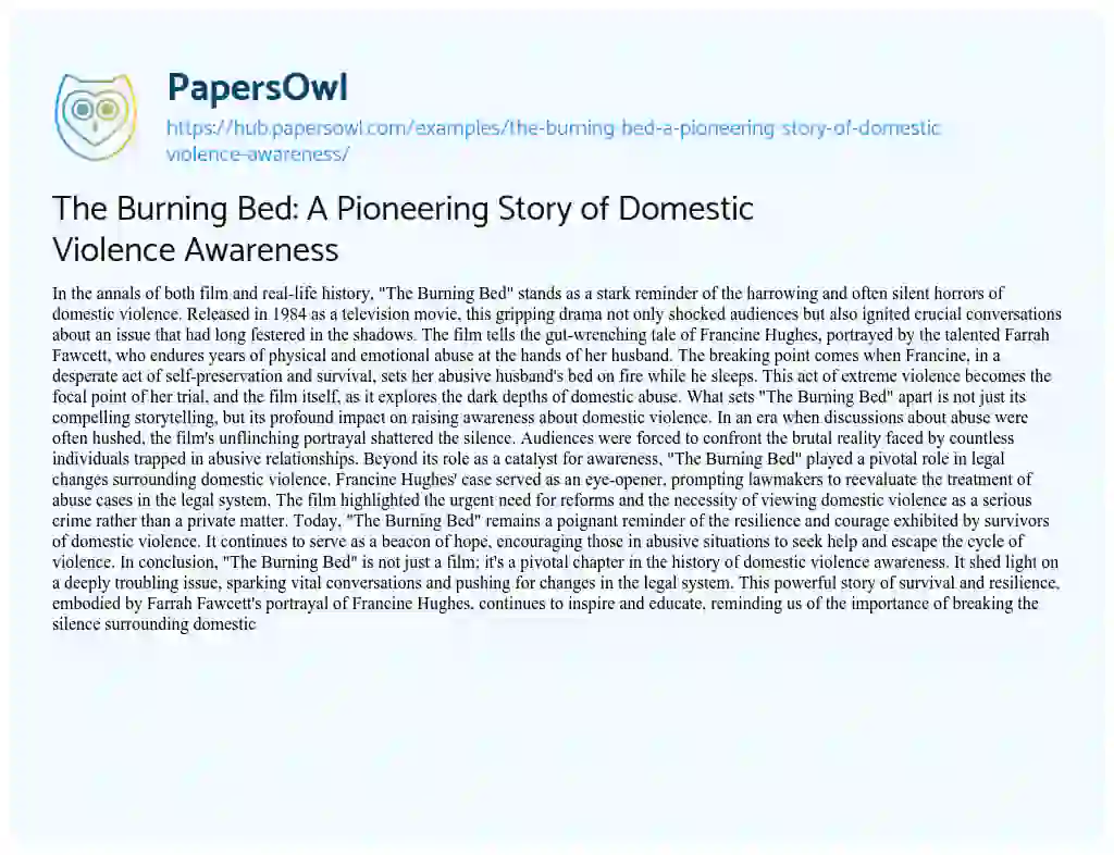 Essay on The Burning Bed: A Pioneering Story of Domestic Violence Awareness