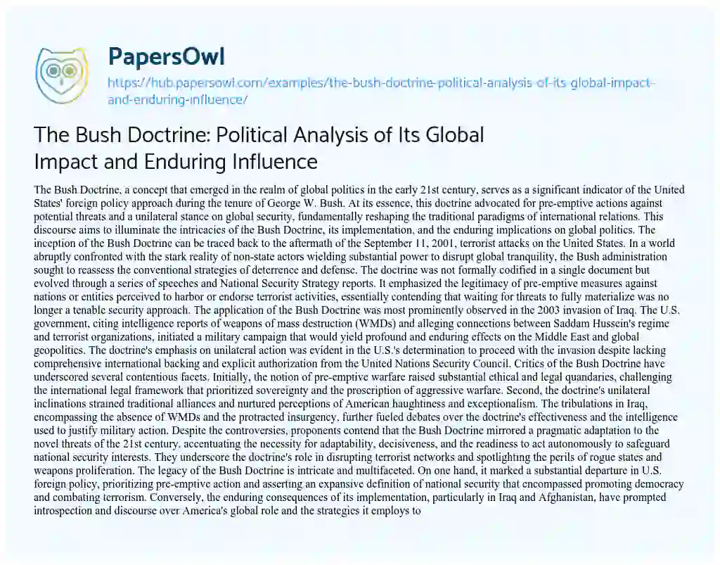Essay on The Bush Doctrine: Political Analysis of Its Global Impact and Enduring Influence
