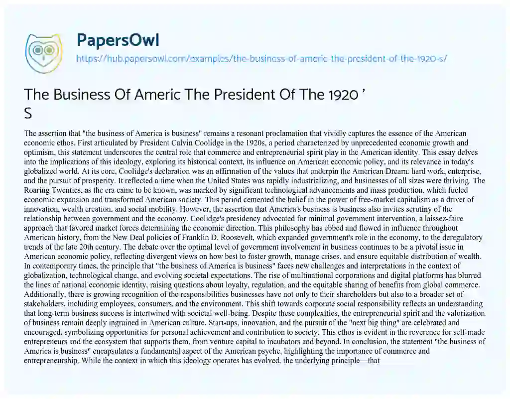 Essay on The Business Of Americ The President Of The 1920 ‘ S