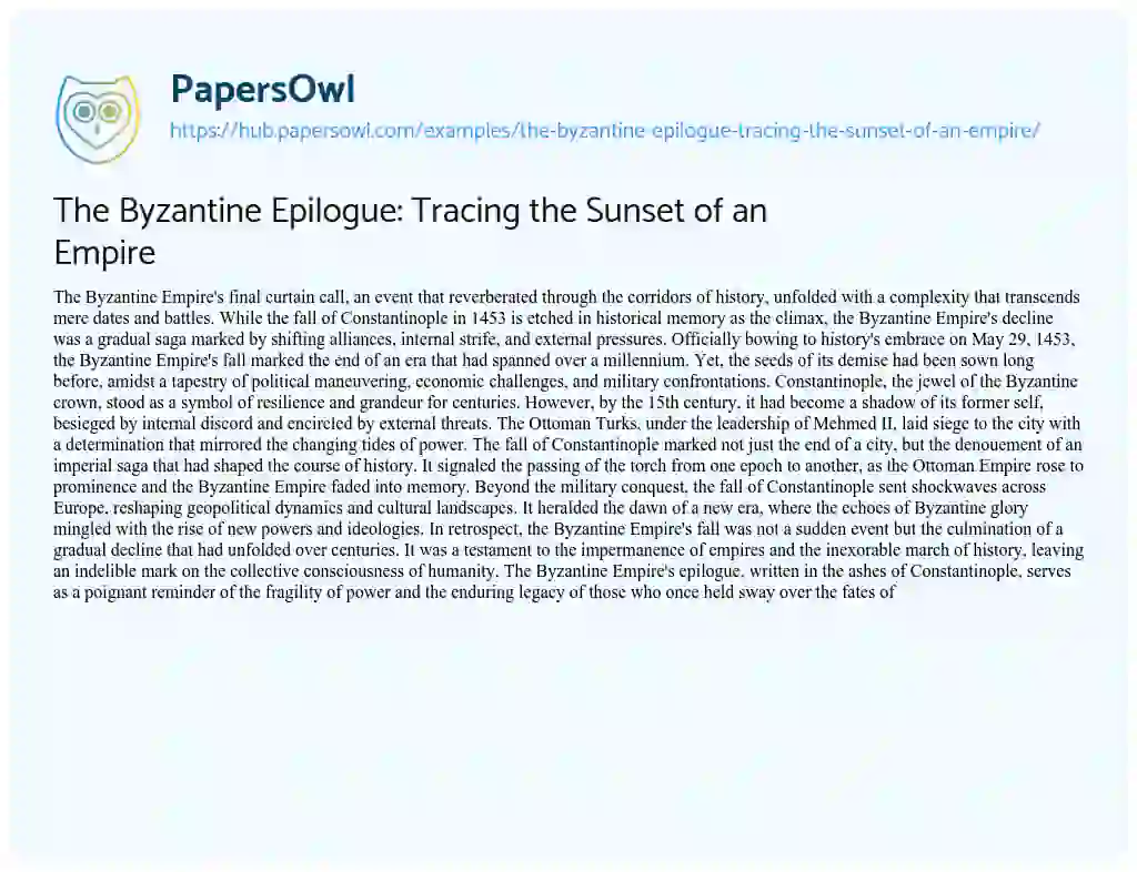 Essay on The Byzantine Epilogue: Tracing the Sunset of an Empire