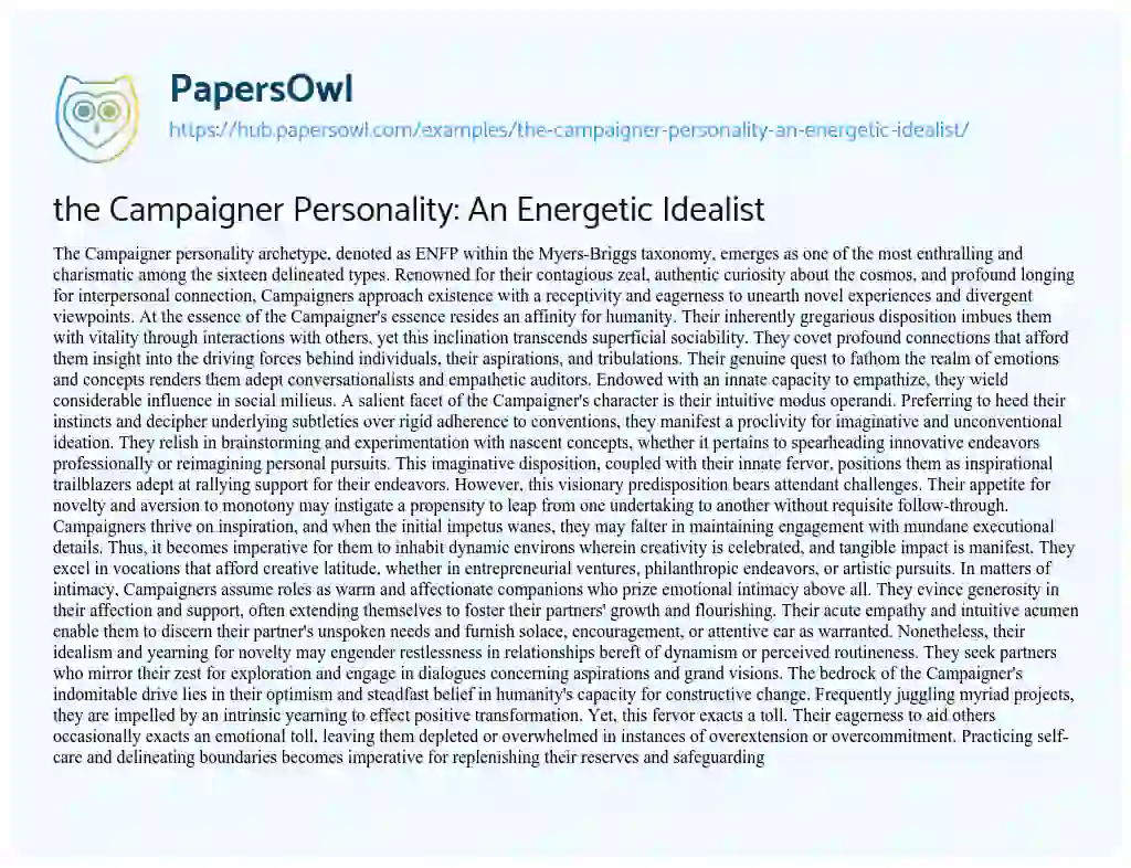 Essay on the Campaigner Personality: An Energetic Idealist