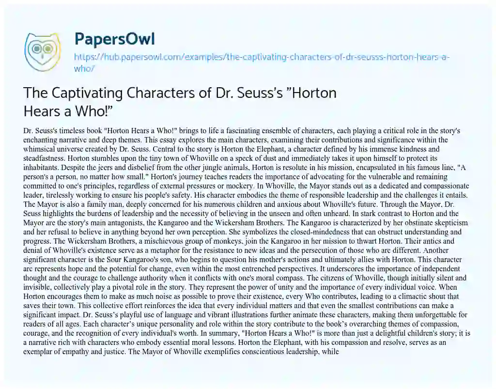 Essay on The Captivating Characters of Dr. Seuss’s “Horton Hears a Who!”