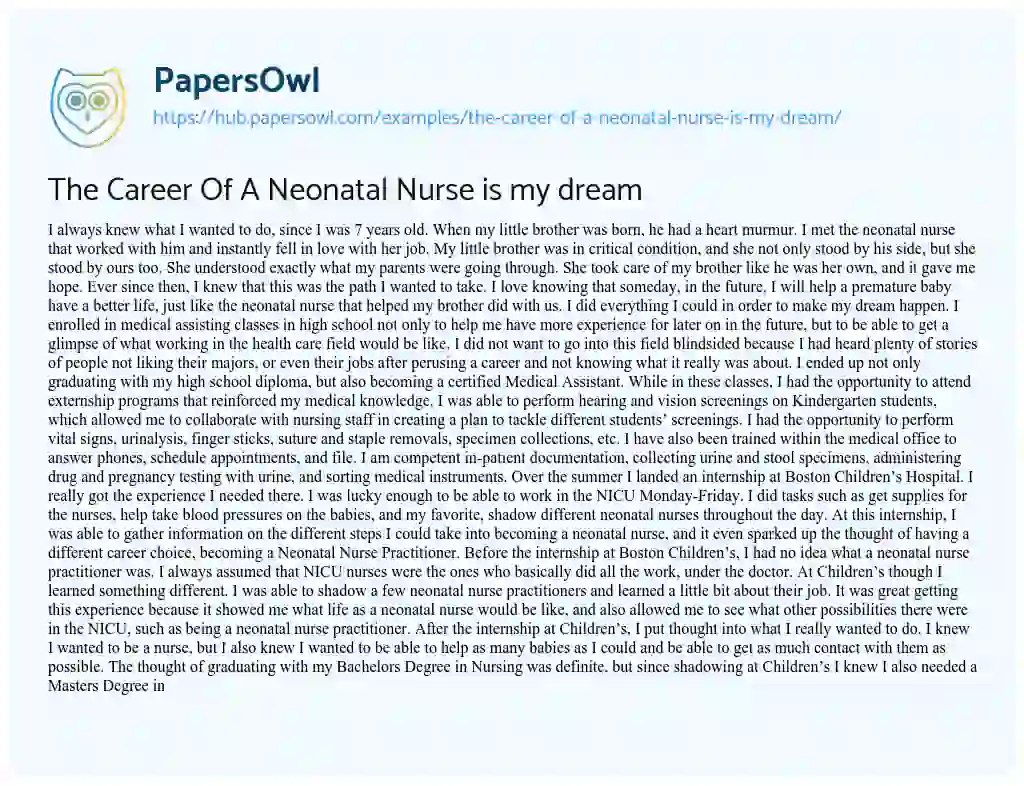 Essay on The Career Of A Neonatal Nurse is my dream