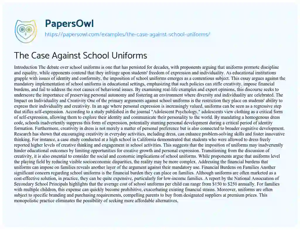 Essay on The Case Against School Uniforms