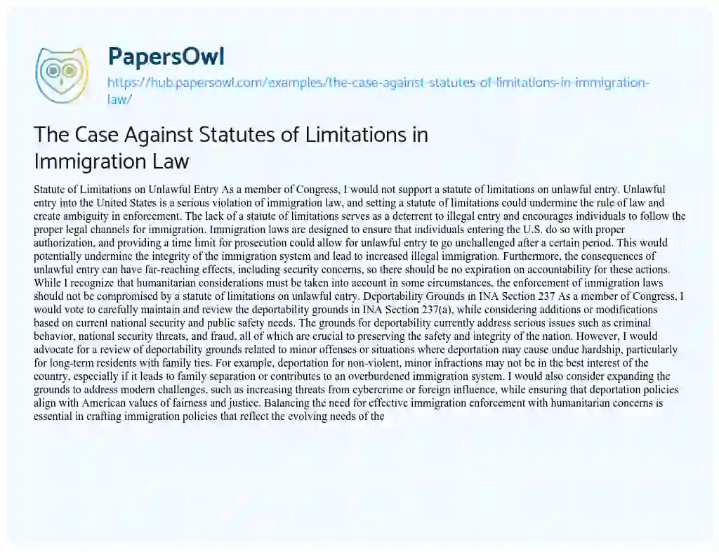 Essay on The Case Against Statutes of Limitations in Immigration Law