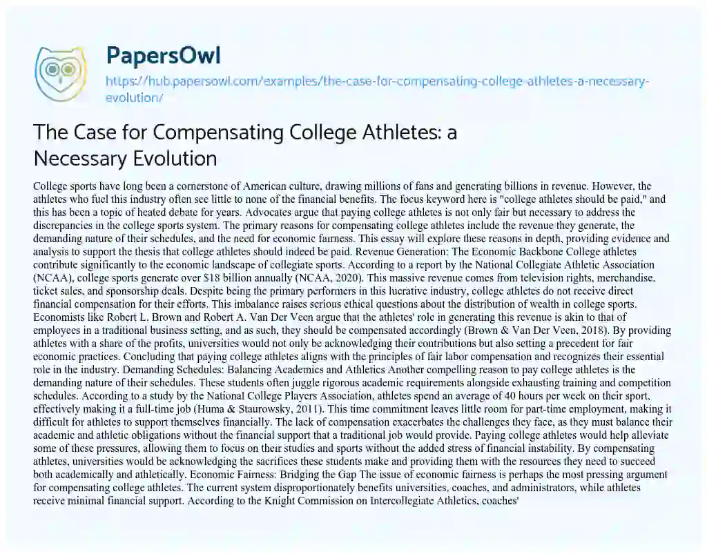 Essay on The Case for Compensating College Athletes: a Necessary Evolution