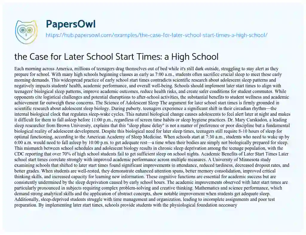 Essay on the Case for Later School Start Times: a High School