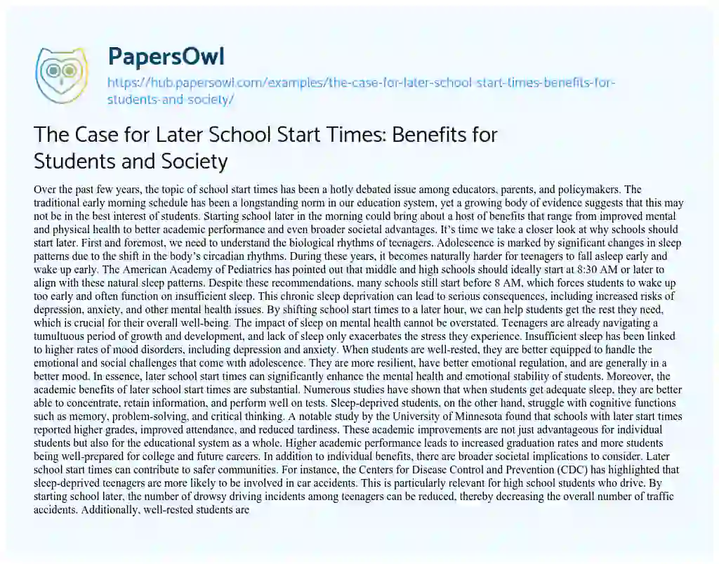 Essay on The Case for Later School Start Times: Benefits for Students and Society