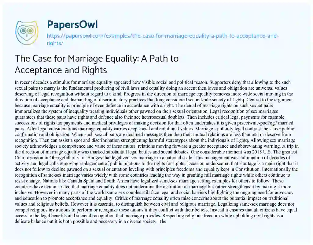 Essay on The Case for Marriage Equality: A Path to Acceptance and Rights