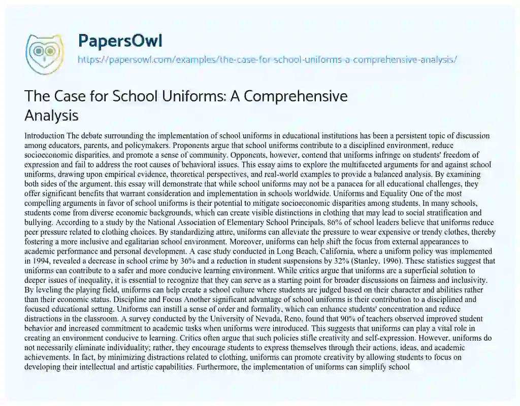 Essay on The Case for School Uniforms: A Comprehensive Analysis